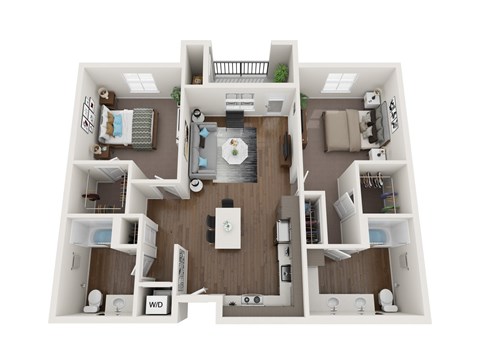 Floor plan for 2 beds, 2 baths, 1057 sqft